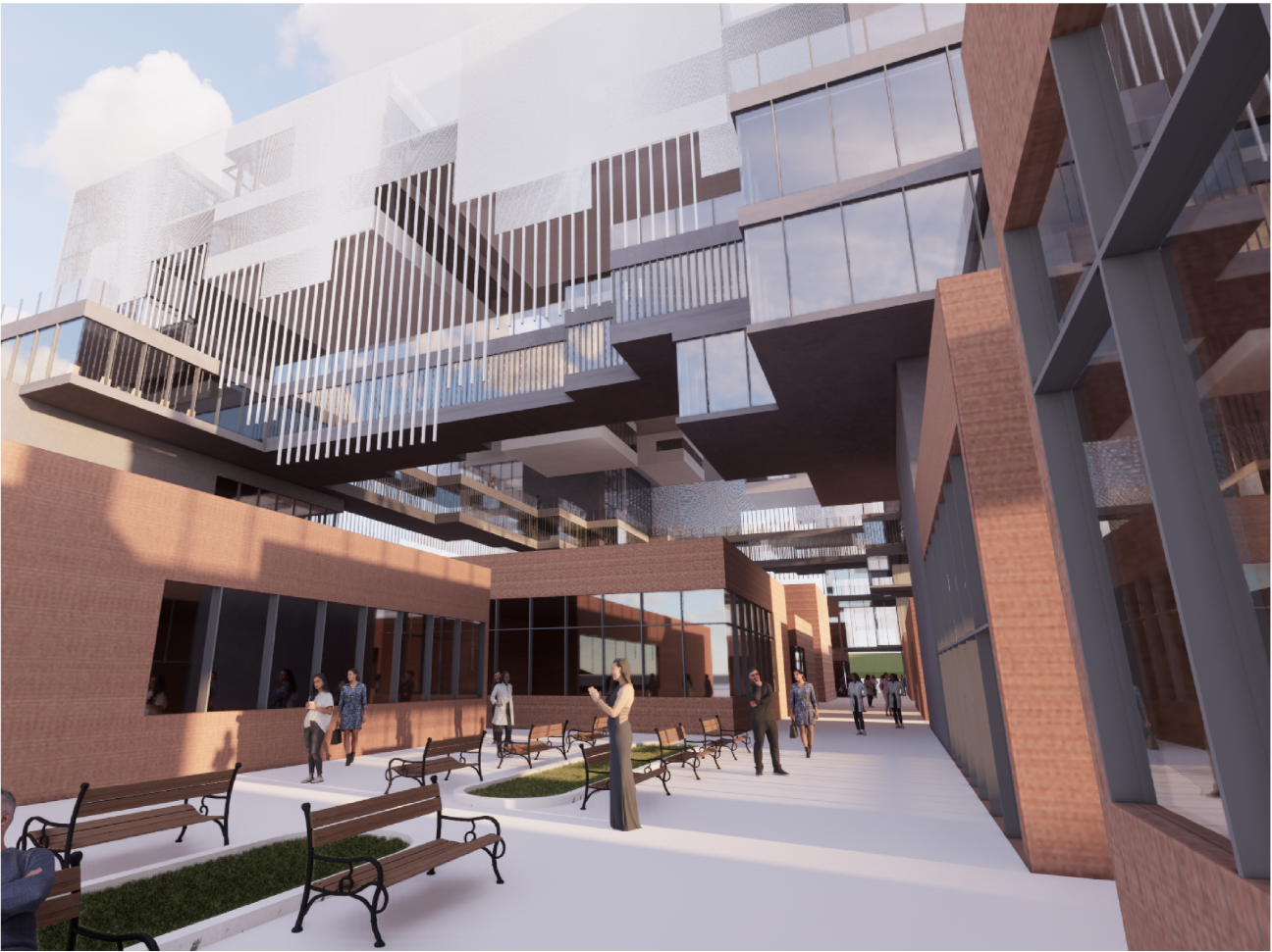 Ground-level courtyard with benches and pedestrians beneath cantilevered volumes and vertical sun screens