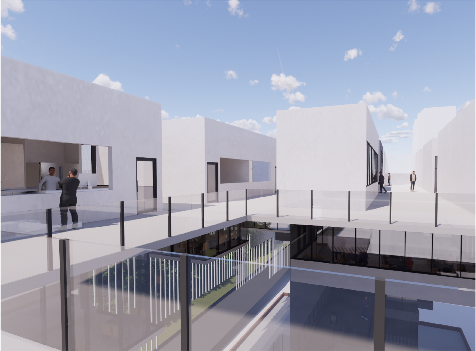 White rooftop terrace with metal railings and figures walking beneath a blue sky with clouds