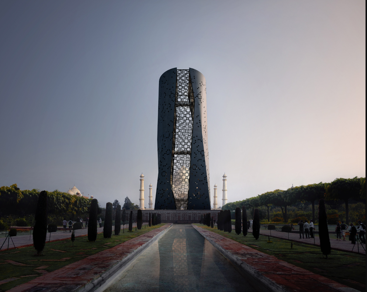 Light filters through intricate mashrabiya screens, illuminating the sarcophagus and framing the Taj in the distance.