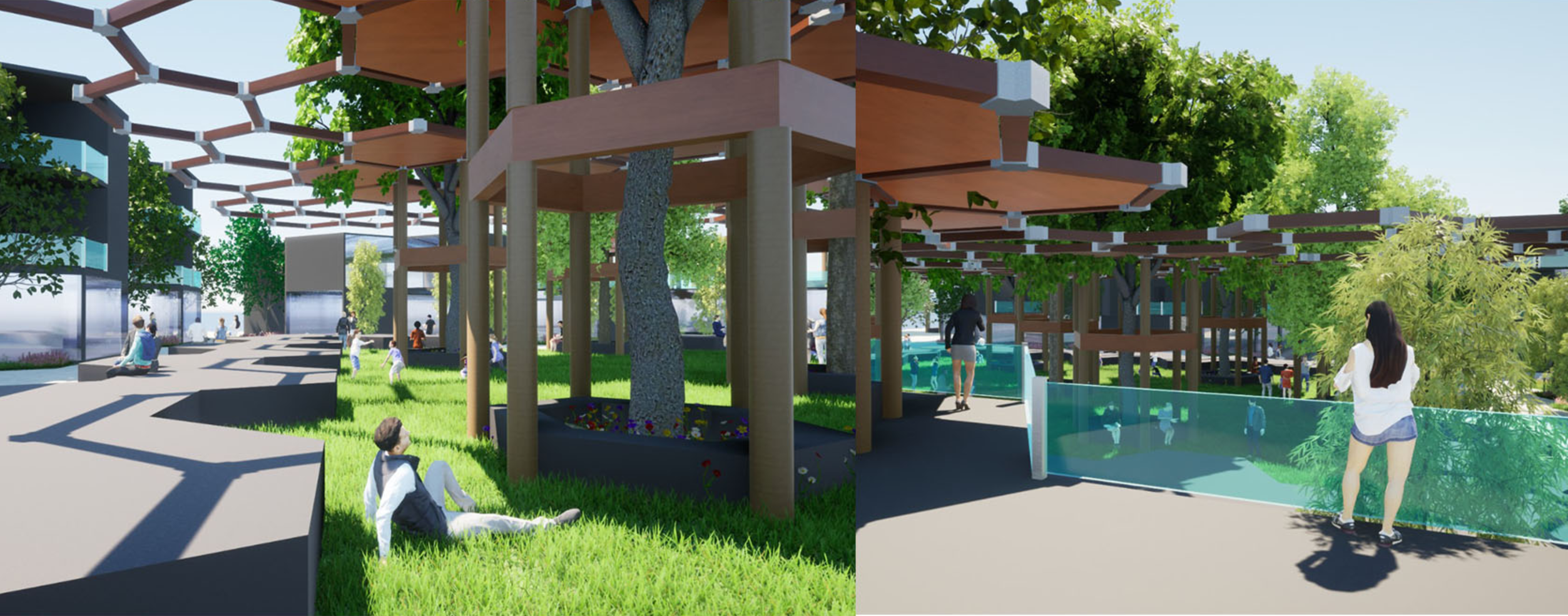 Guests engage beneath the wooden lattice, where light and shadow echo Maya spatial harmony.