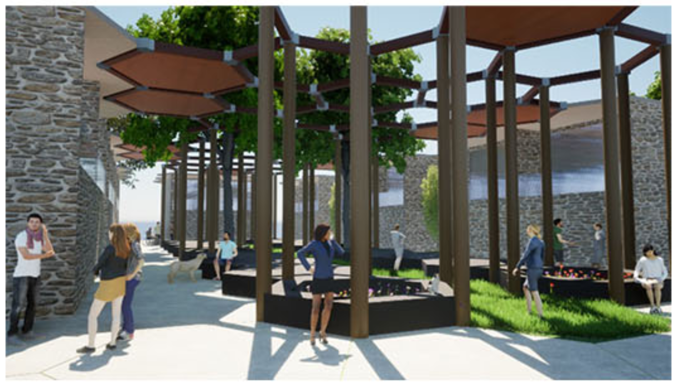 Slender columns and layered canopies create a tactile balance of enclosure and openness.