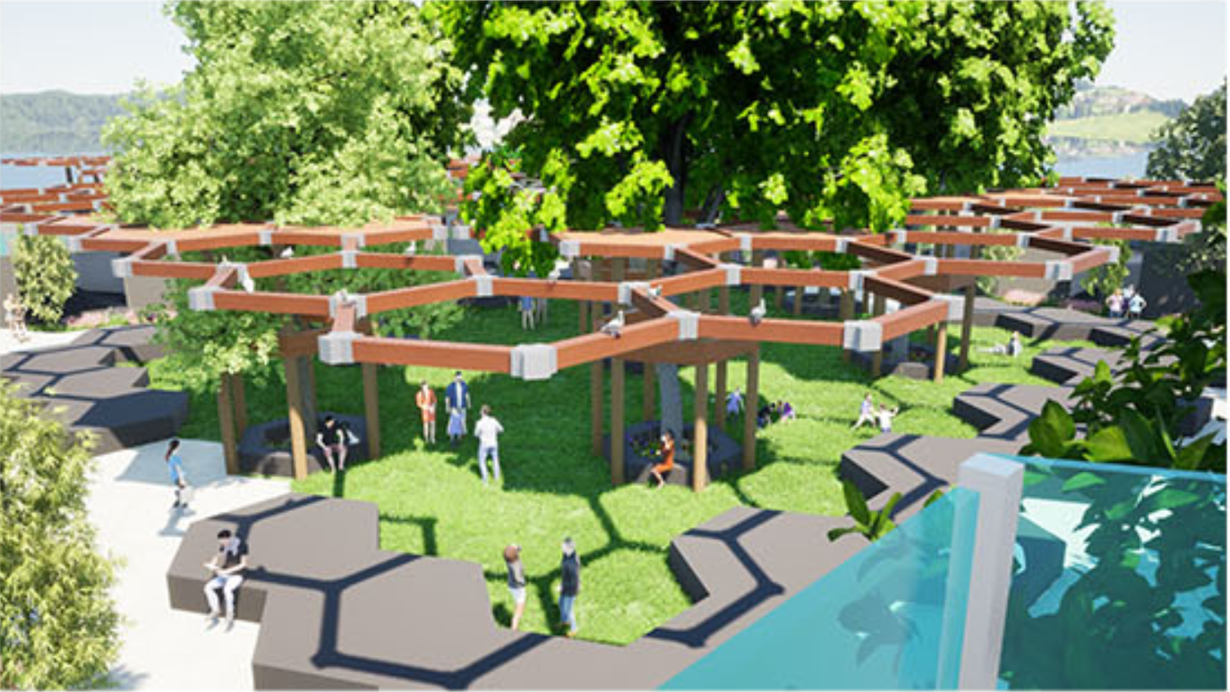 A large green core anchors the design, celebrating community and the cyclical essence of Maya architecture.