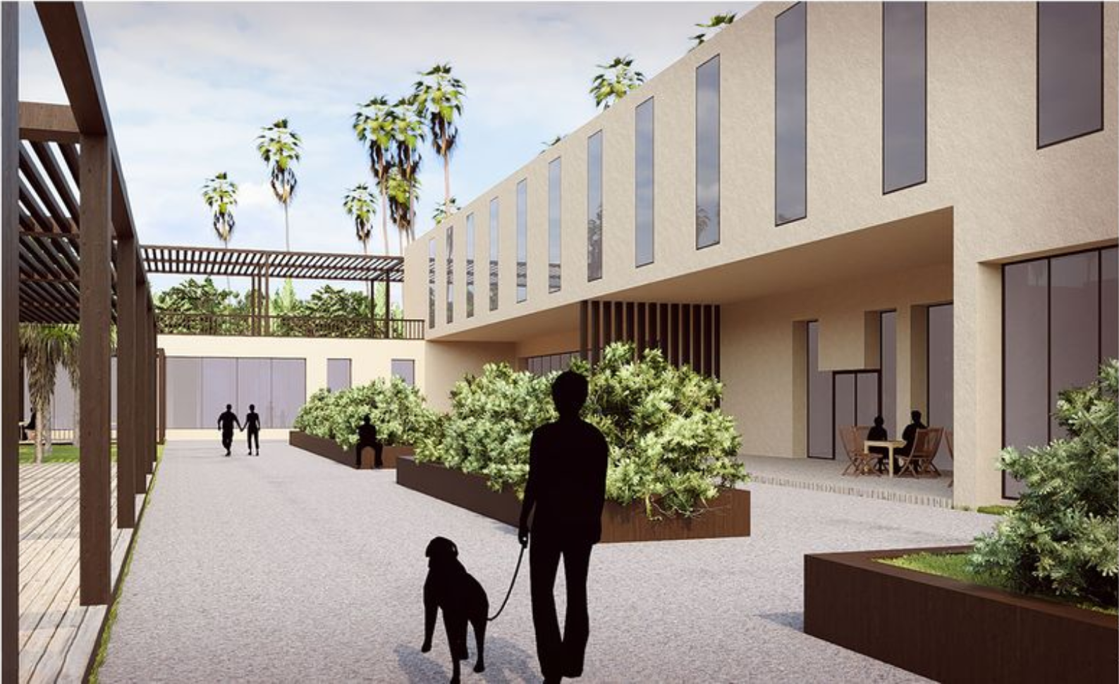 A shaded promenade connecting the museum and villas, fostering calm interaction with nature.
