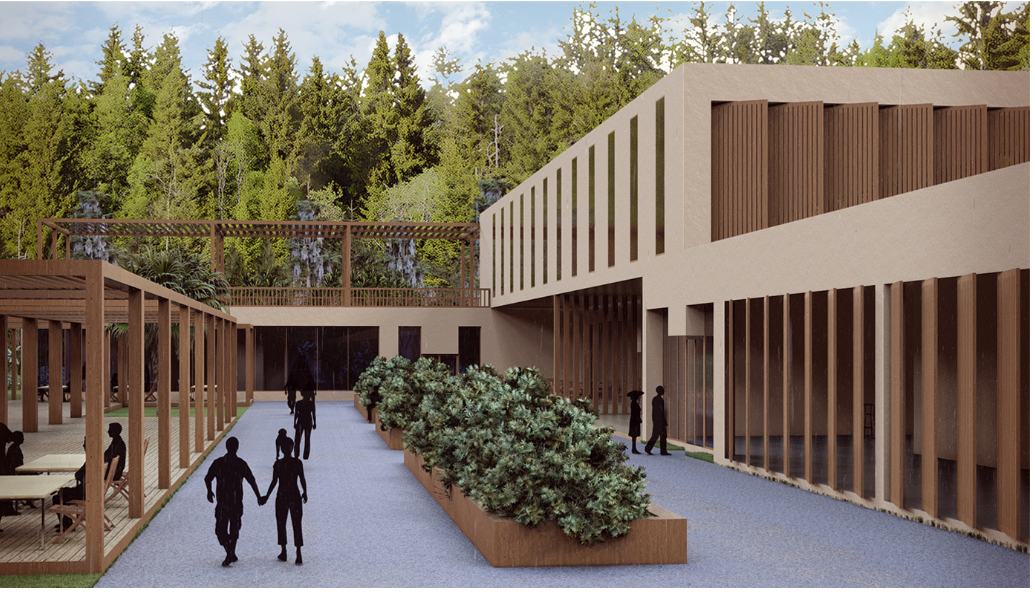 The social heart of ChocoTerra, blending structure, greenery, and human connection.