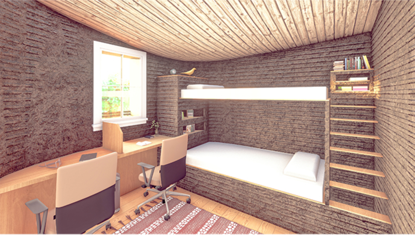 Study space with built-in bed platform, timber shelving and horizontal window overlooking trees