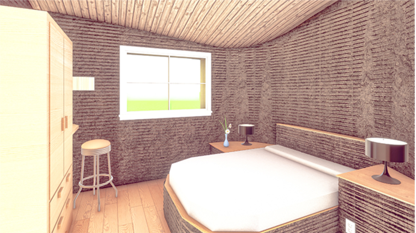 Bedroom with curved rammed earth walls, hexagonal bed platform and horizontal window opening