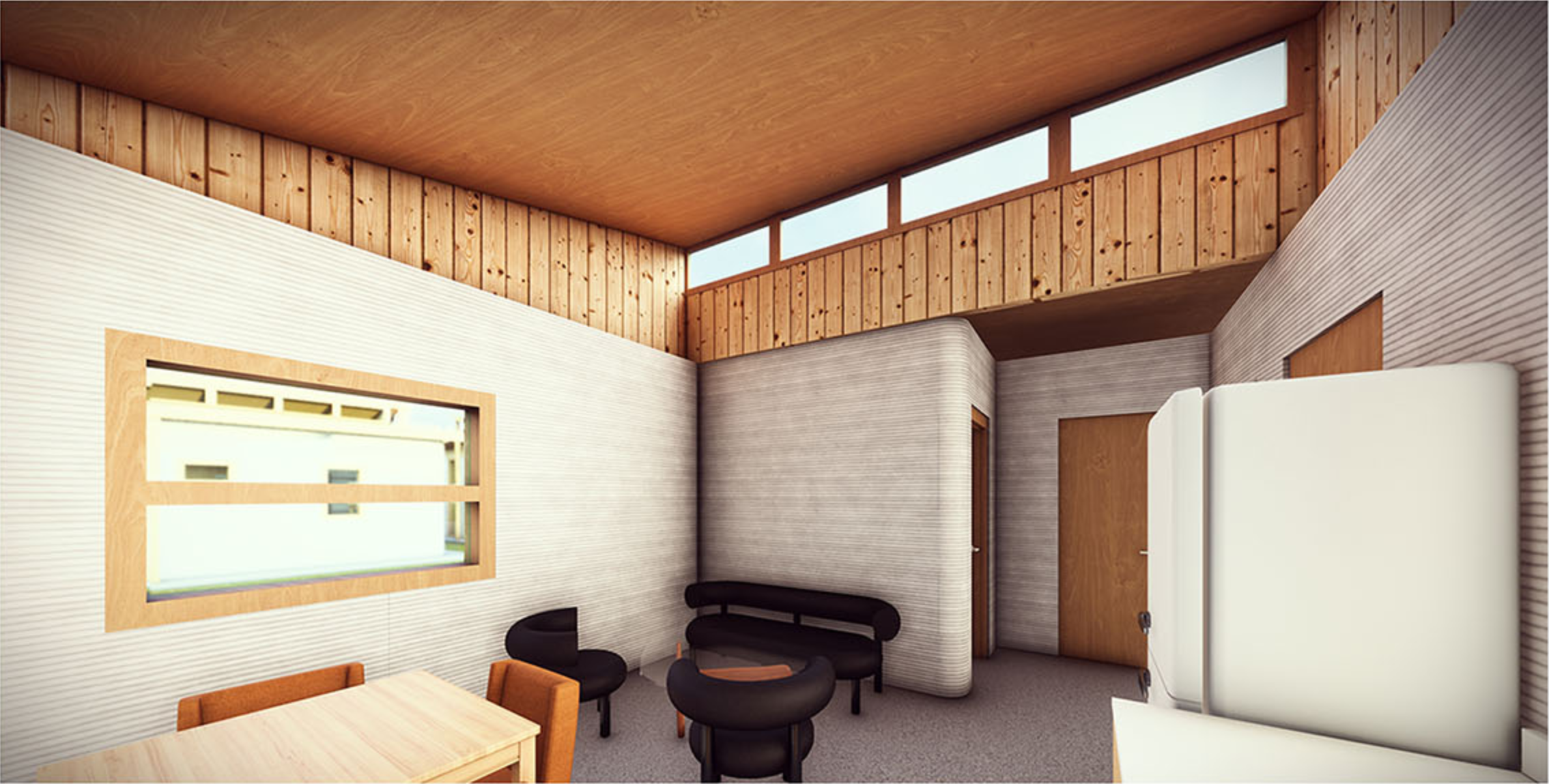 Natural light enhances the 3D-printed textures and wooden finishes, defining a cozy, functional interior layout.