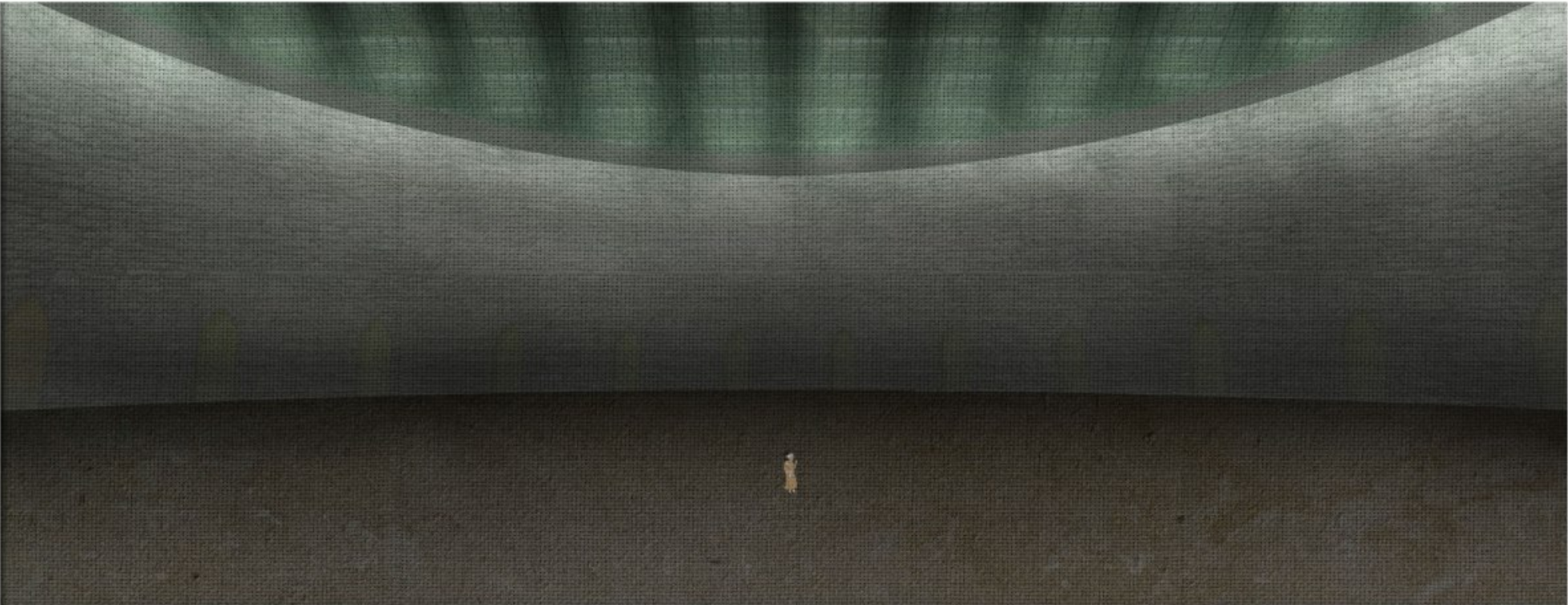 A terraced subterranean courtyard combining water and light to symbolize renewal and rebirth.