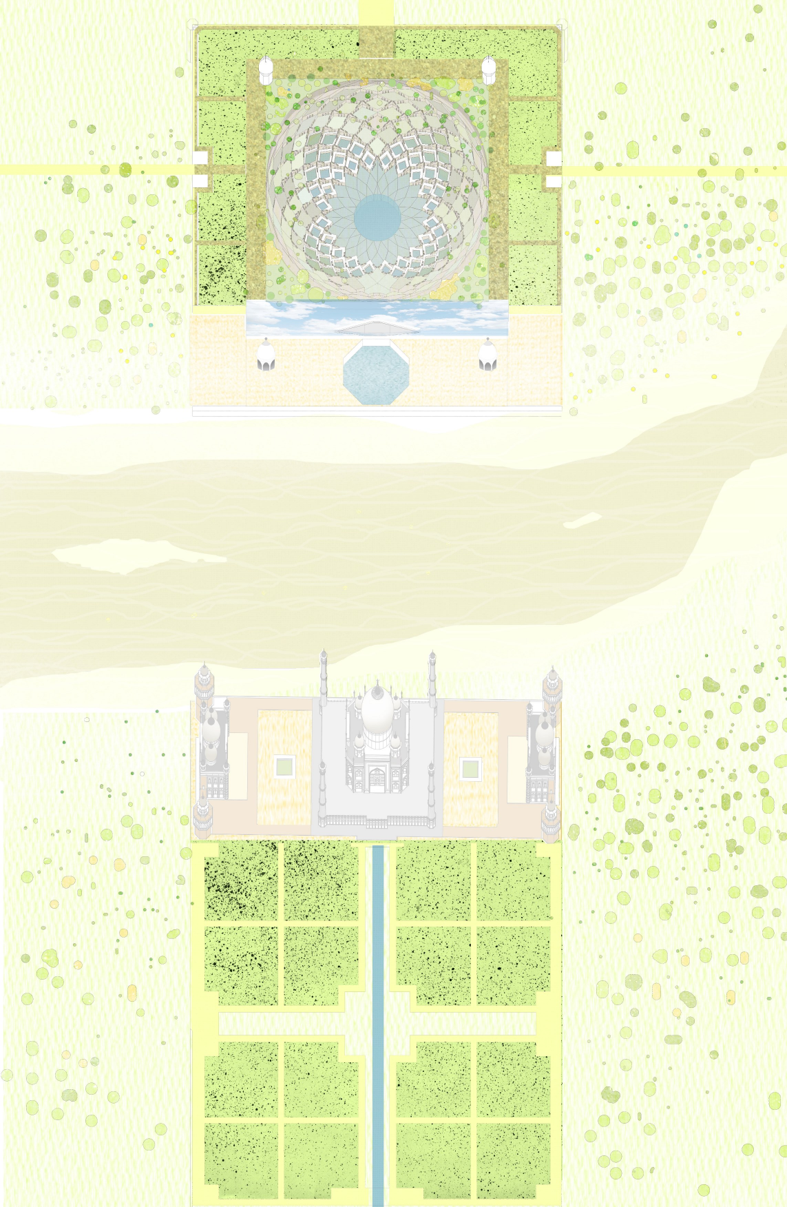 Showing spatial organization and the hierarchy of pools, terraces, and pavilions.