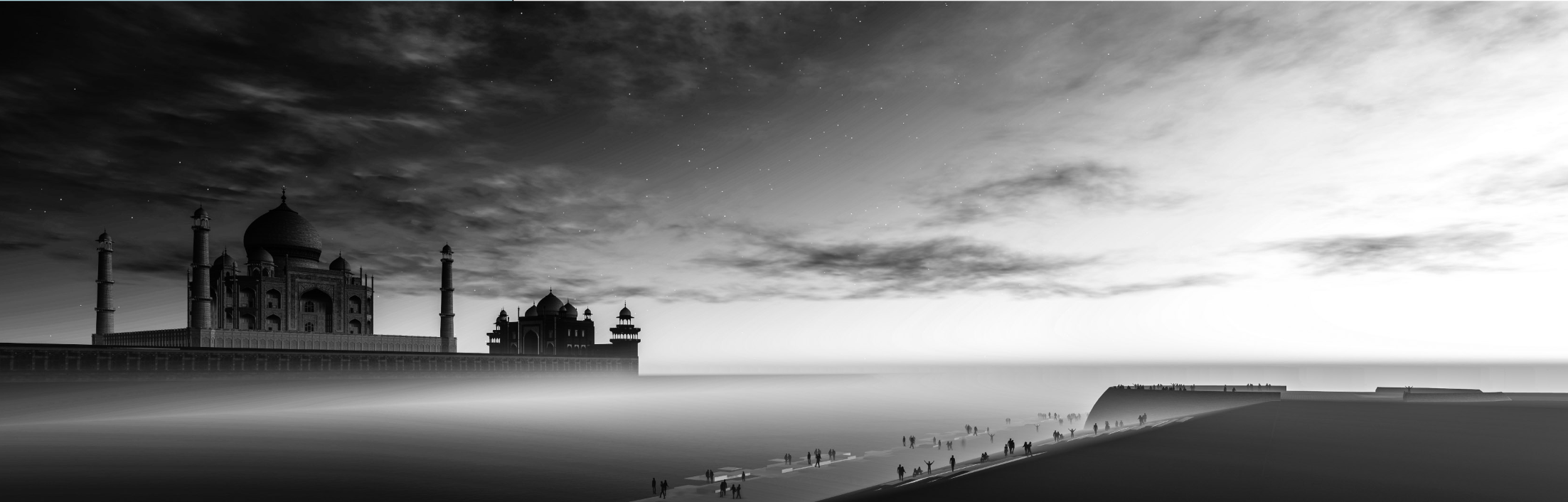 A contemplative view across the Yamuna River where the mythical Black Taj mirrors the illuminated Taj Mahal under a dusky sky.