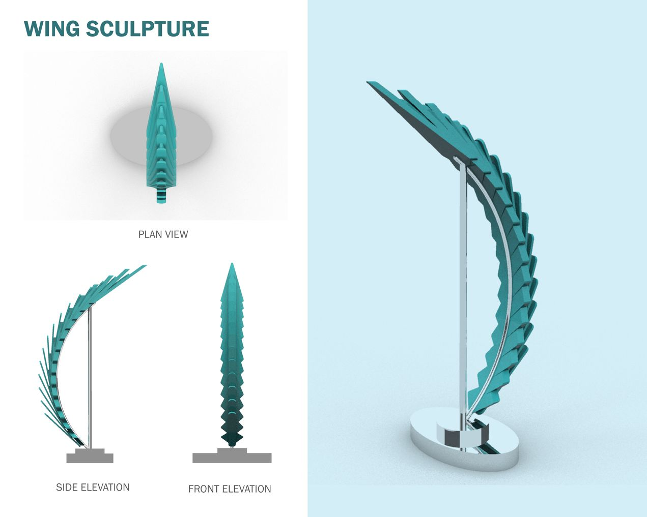Plan, side, and front elevations of the Wing Sculpture — revealing structural proportions, form scaling, and spatial balance.