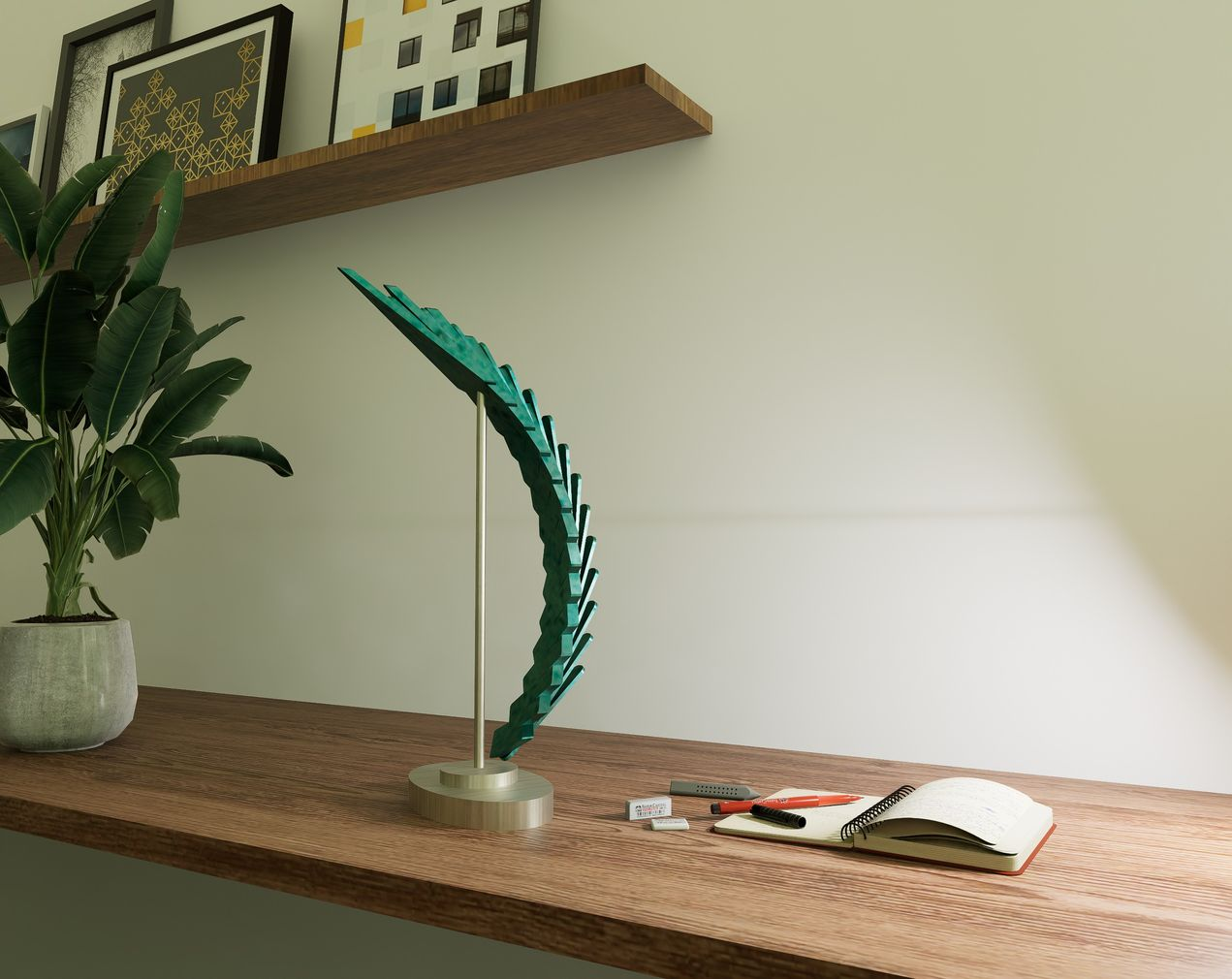 A tabletop display of the sculpture in green, placed within a warm-toned interior, adding elegance to the workspace.