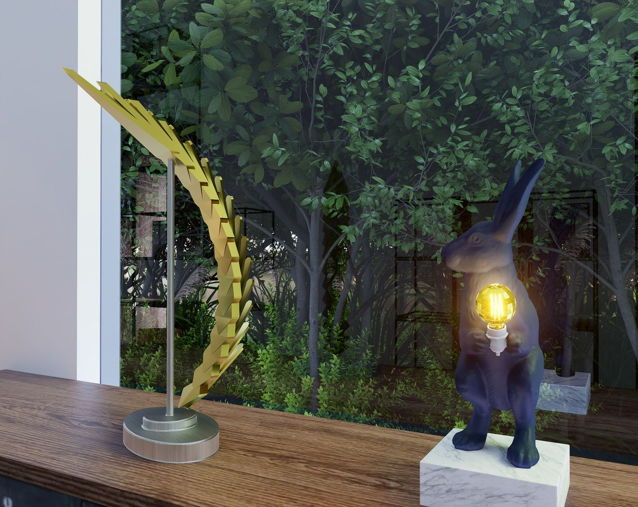 The Wing Sculpture in a gold finish, complementing natural surroundings and symbolizing creative illumination.