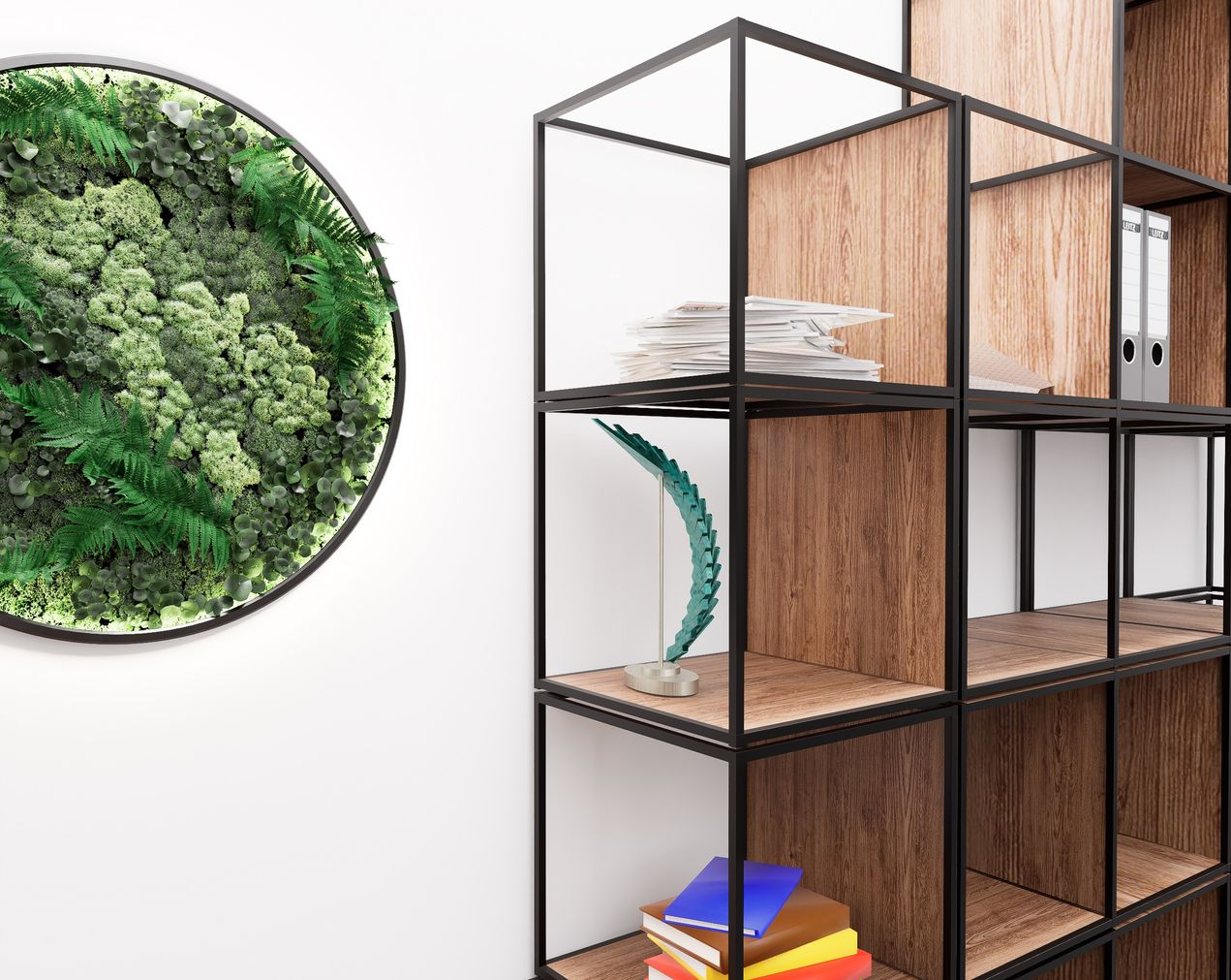 The sculpture displayed on a contemporary wooden shelf, blending art, architecture, and biophilic interior design seamlessly.