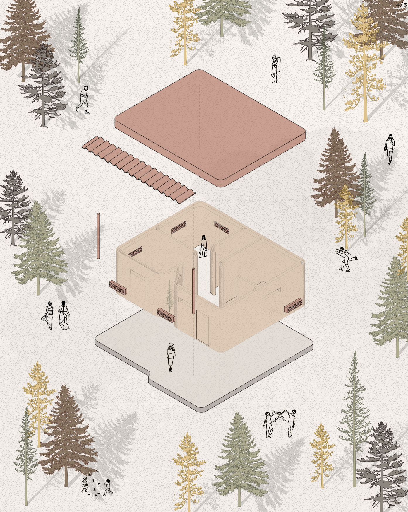 Exploded axonometric drawing of a dwelling unit showing foundation slab, interior walls, and pitched roof with figures