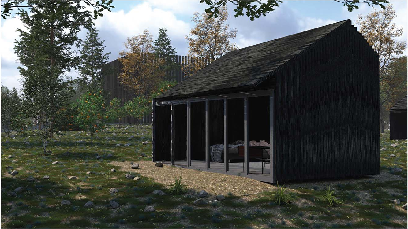A minimalist wooden cabin sits among cacao trees, merging private reflection with the forest’s organic rhythm.