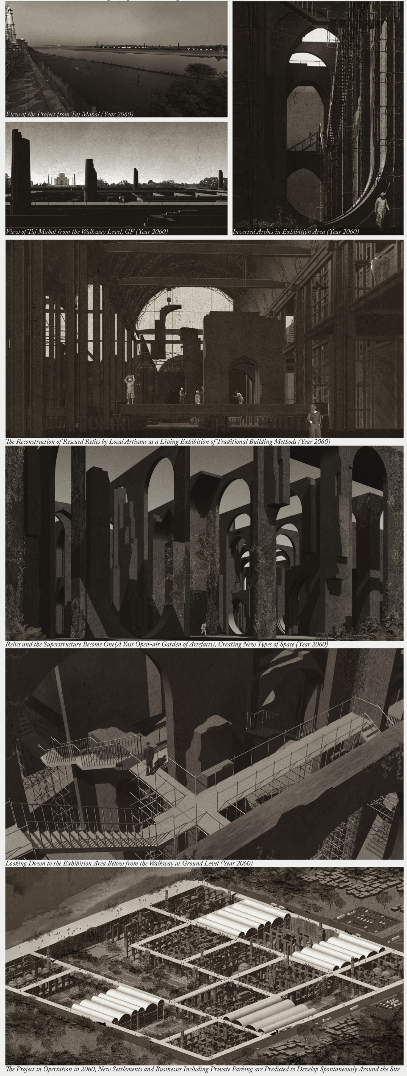 The imagined ruins appear across the Yamuna, creating a visual dialogue with the Taj Mahal.