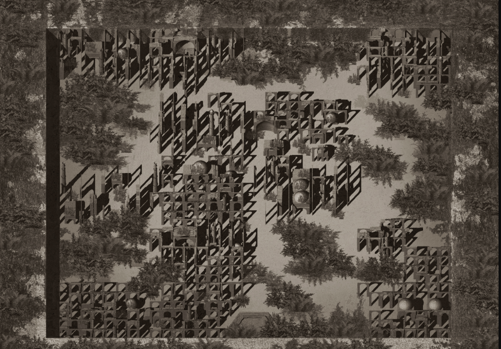 The evolving urban fabric envisioned as an architectural forest of incomplete forms.
