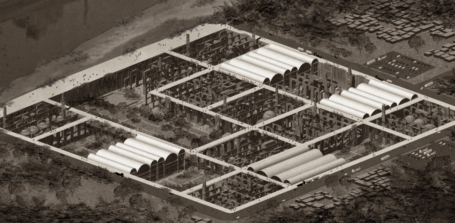The monumental ruins unfold across a structured landscape, bridging imagination and preservation.