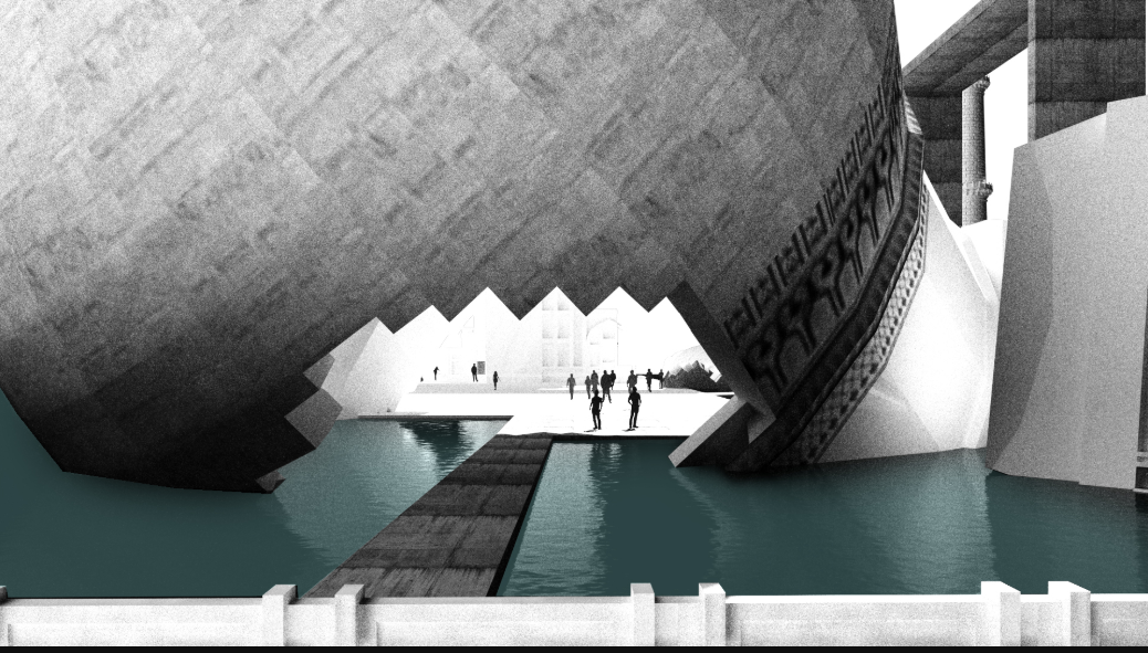 Visitors move beneath the fractured sphere — where reflection meets ruin.