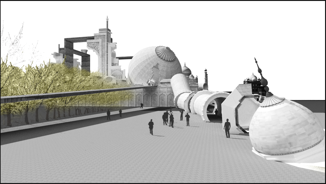 A linear procession through disassembled domes evokes the journey of lost grandeur.