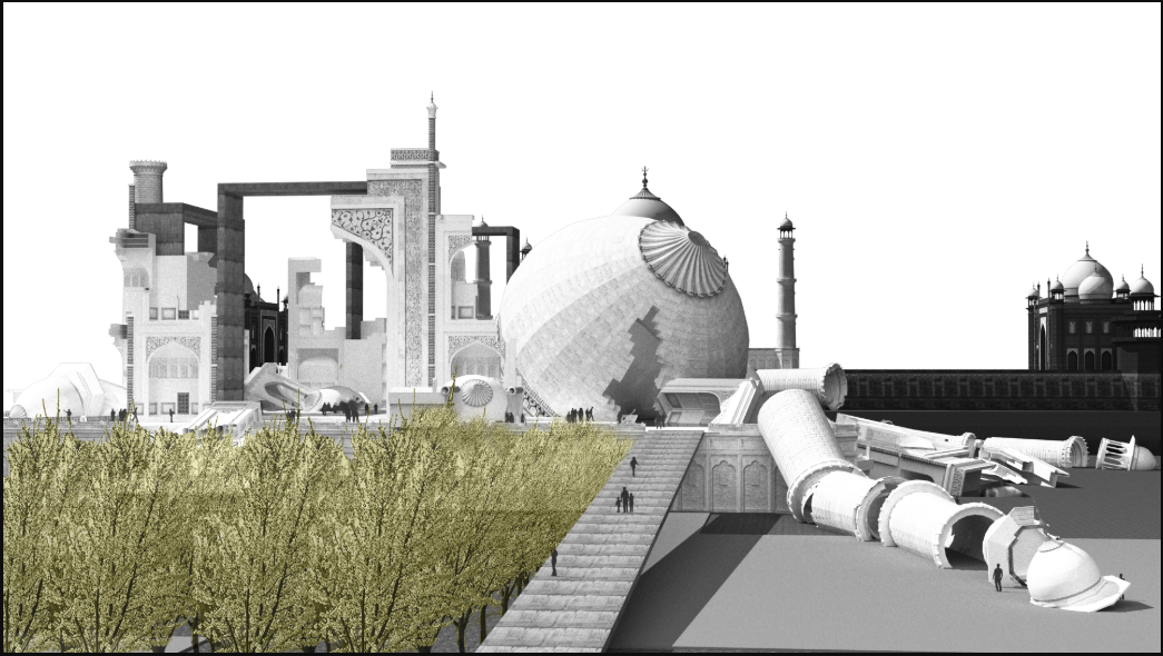 The Black Taj stands in fragmented harmony with its white counterpart beyond the Yamuna.