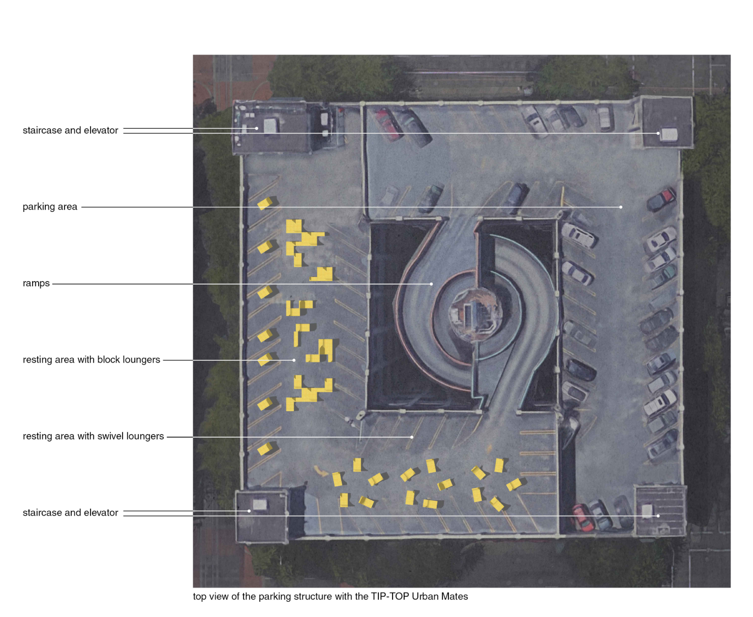 Top view of the SmartPark rooftop in Portland showing the modular layout of Tip-Top Urban Mates — a model for sustainable urban architecture.
