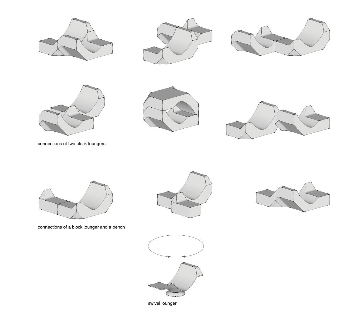Configurations of the modular Tip-Top loungers and benches that form the foundation of this adaptive urban furniture system.