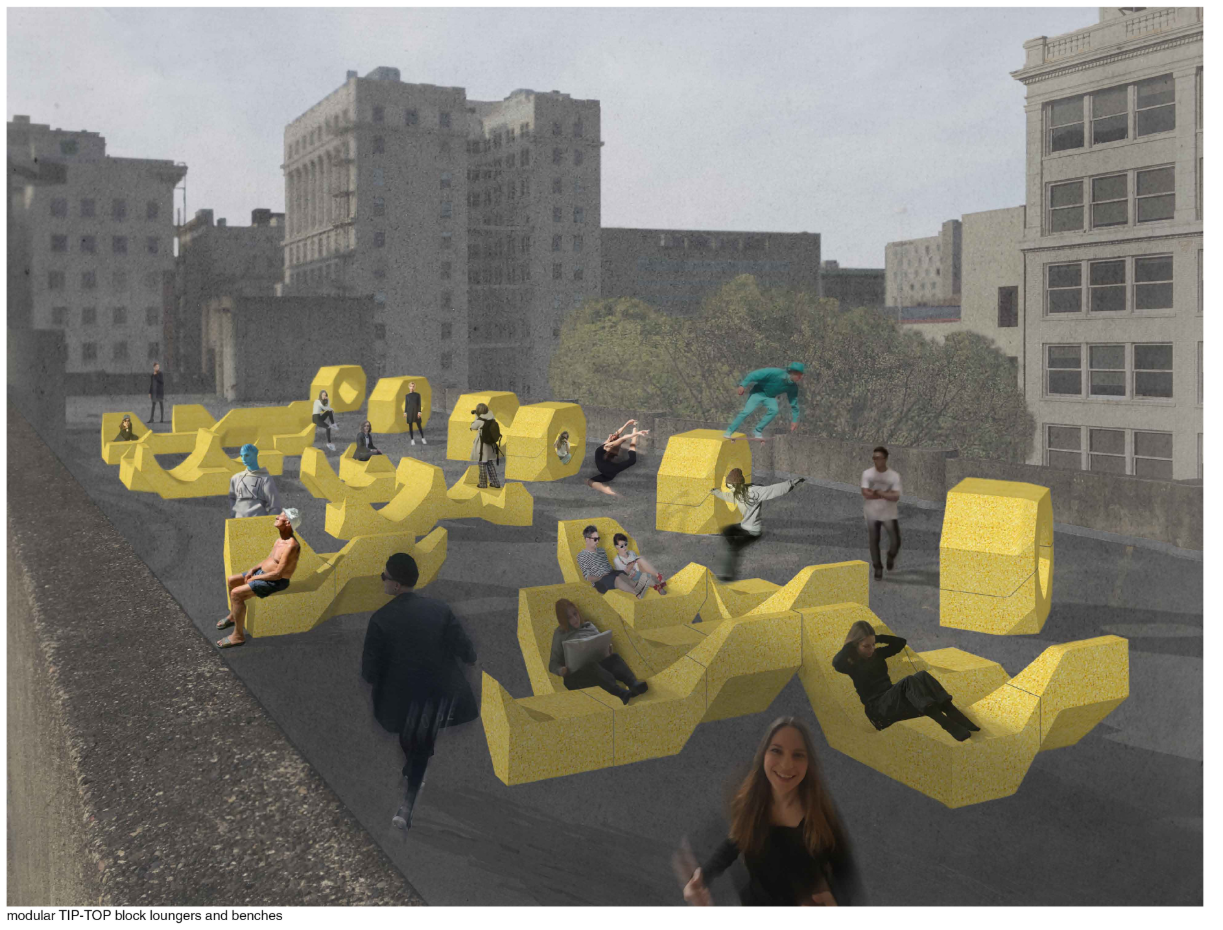 Render showcasing the Tip-Top Urban Mates on the parking rooftop — transforming an underused surface into a social and sustainable retreat.