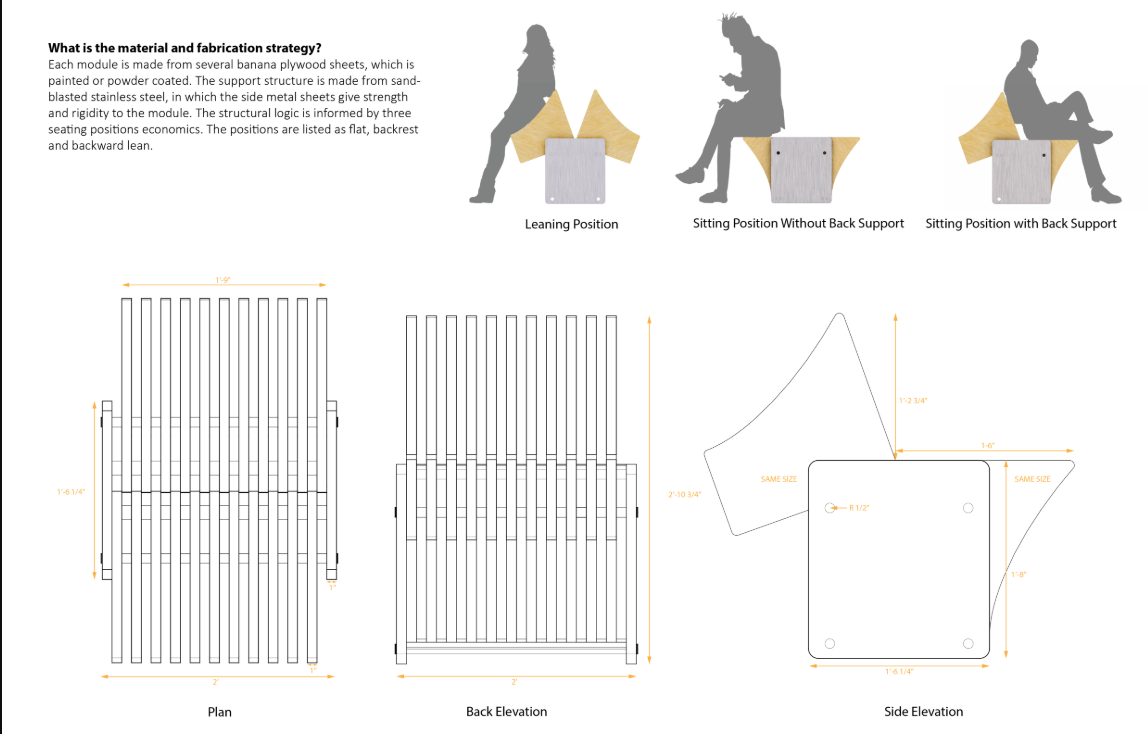 Ergonomic modular design offering multiple seating positions, crafted from banana plywood and stainless steel for structural integrity.