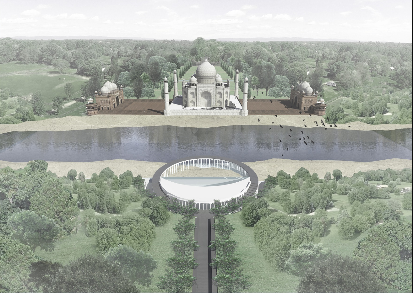 Aerial rendering showing a circular colonnade structure connected by a long pathway to a domed monument across a reflecting pool