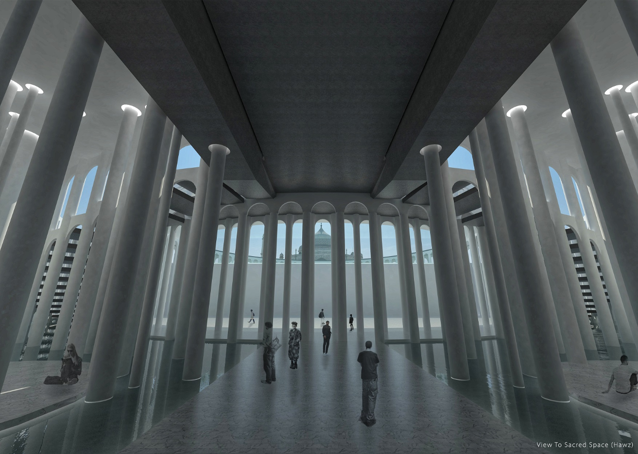 Interior rendering of a circular gallery with white columns and arched openings framing views to distant water