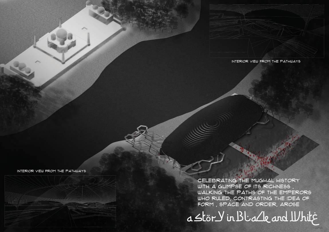 Aerial visualization showing the conceptual contrast between the Taj Mahal and its speculative counterpart, The Black Taj.