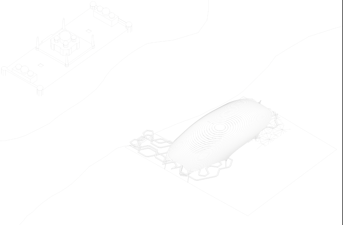 Architectural wireframe displaying the form development of the Black Taj pavilion through layered geometric contours.