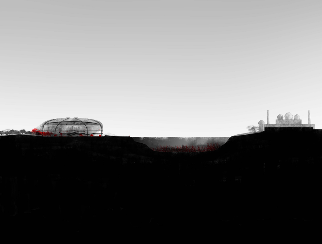 Sectional elevation showcasing the reflective relationship between the Taj Mahal and the modern pavilion across the river.