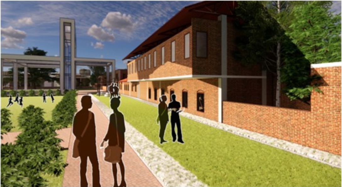 A pedestrian-friendly green corridor weaving through old mill structures, encouraging dialogue between past and present.