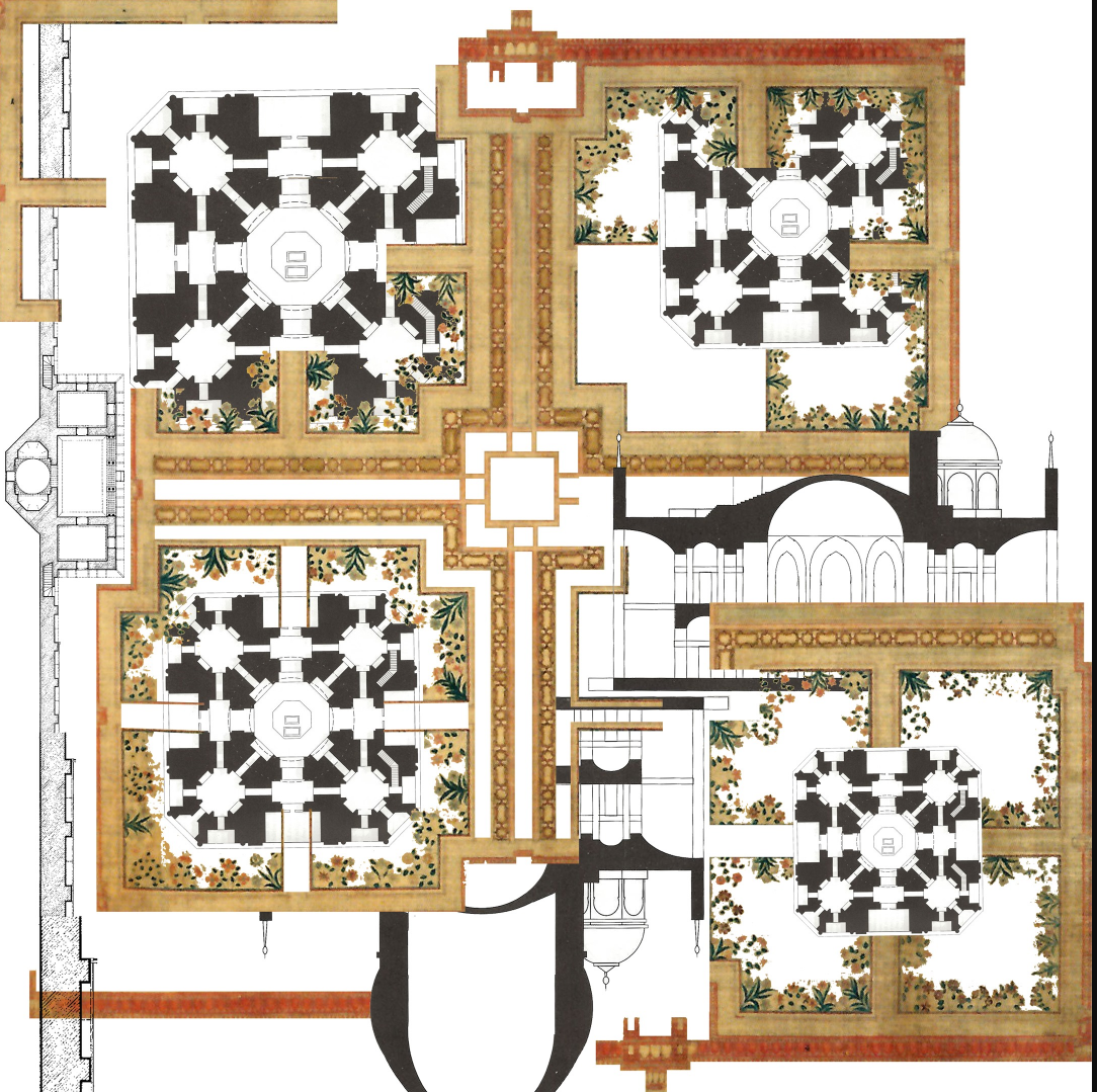 Axonometric plan merging Mughal garden geometry and Indo-Islamic spatial principles, revealing the harmony between structure and nature.