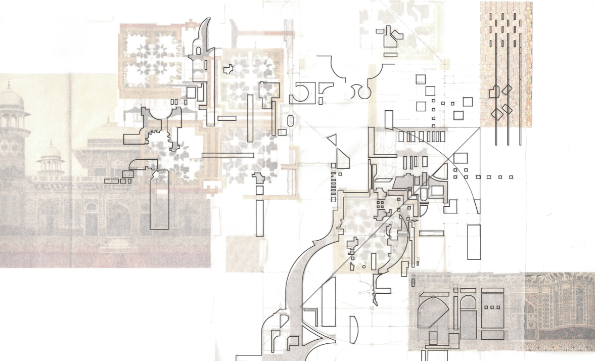 Conceptual overlay tracing cultural and architectural fragments, blending historic elevations with reinterpreted plans.