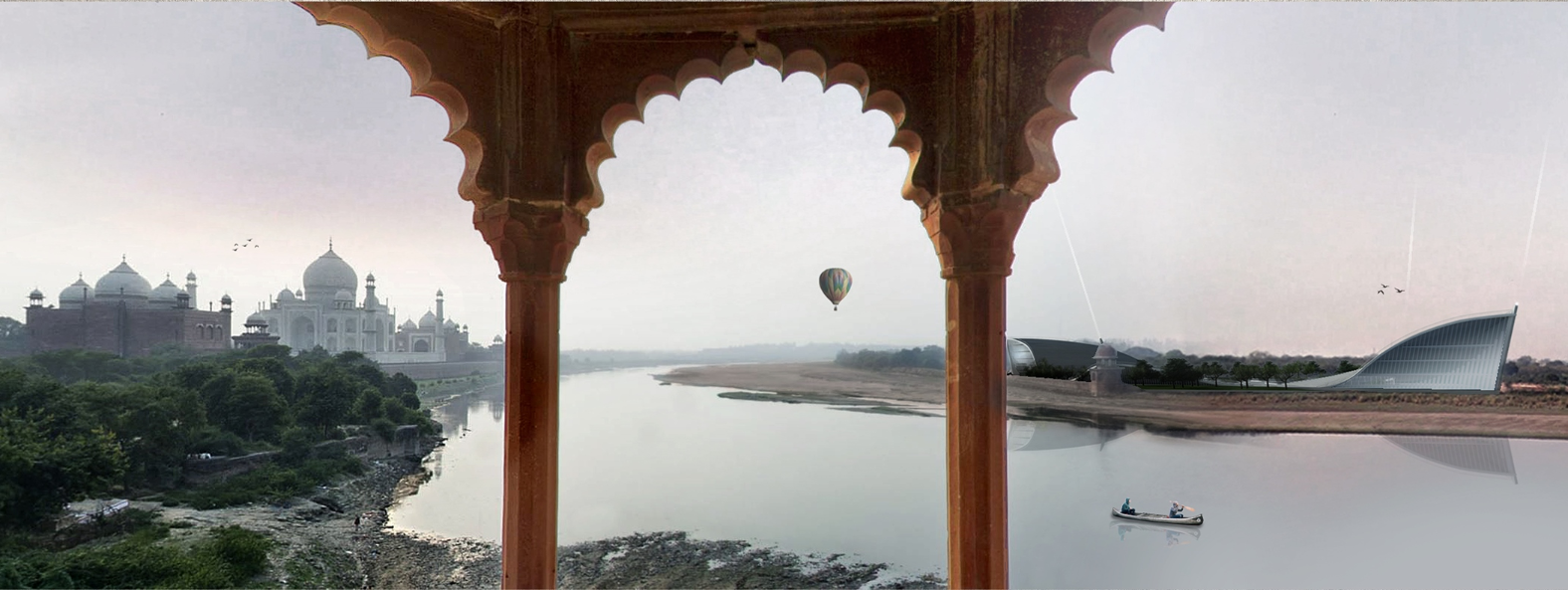 Seen through Mughal arches, the Taj Mahal and its contemporary twin coexist as two epochs of architectural memory.