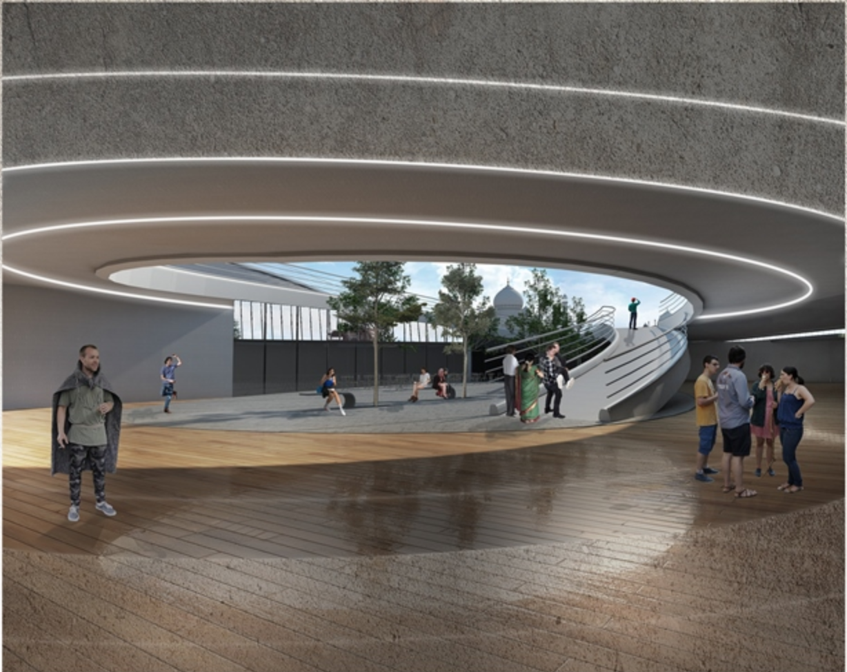 A circular courtyard invites people to gather beneath a futuristic canopy, linking community and heritage.