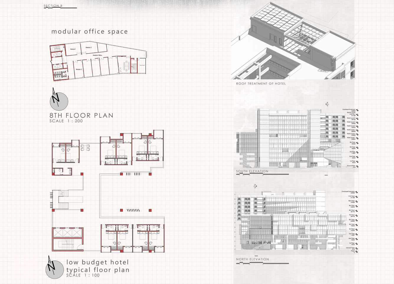 Modular office spaces and a low-budget hotel reflect flexibility and accessibility, redefining affordable work and stay in urban architecture.