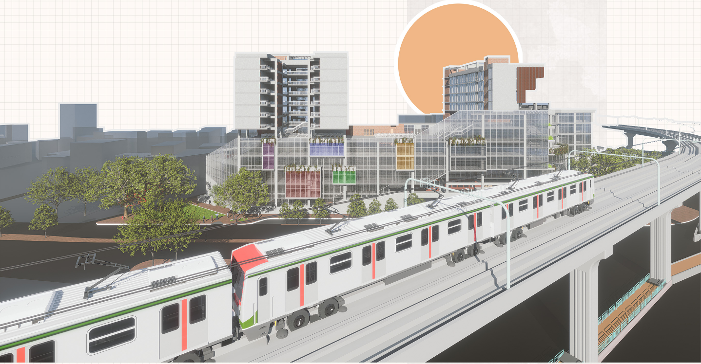 Farmview City Center harmonizes with urban transit, connecting architecture and infrastructure for a walkable, transit-oriented city core.