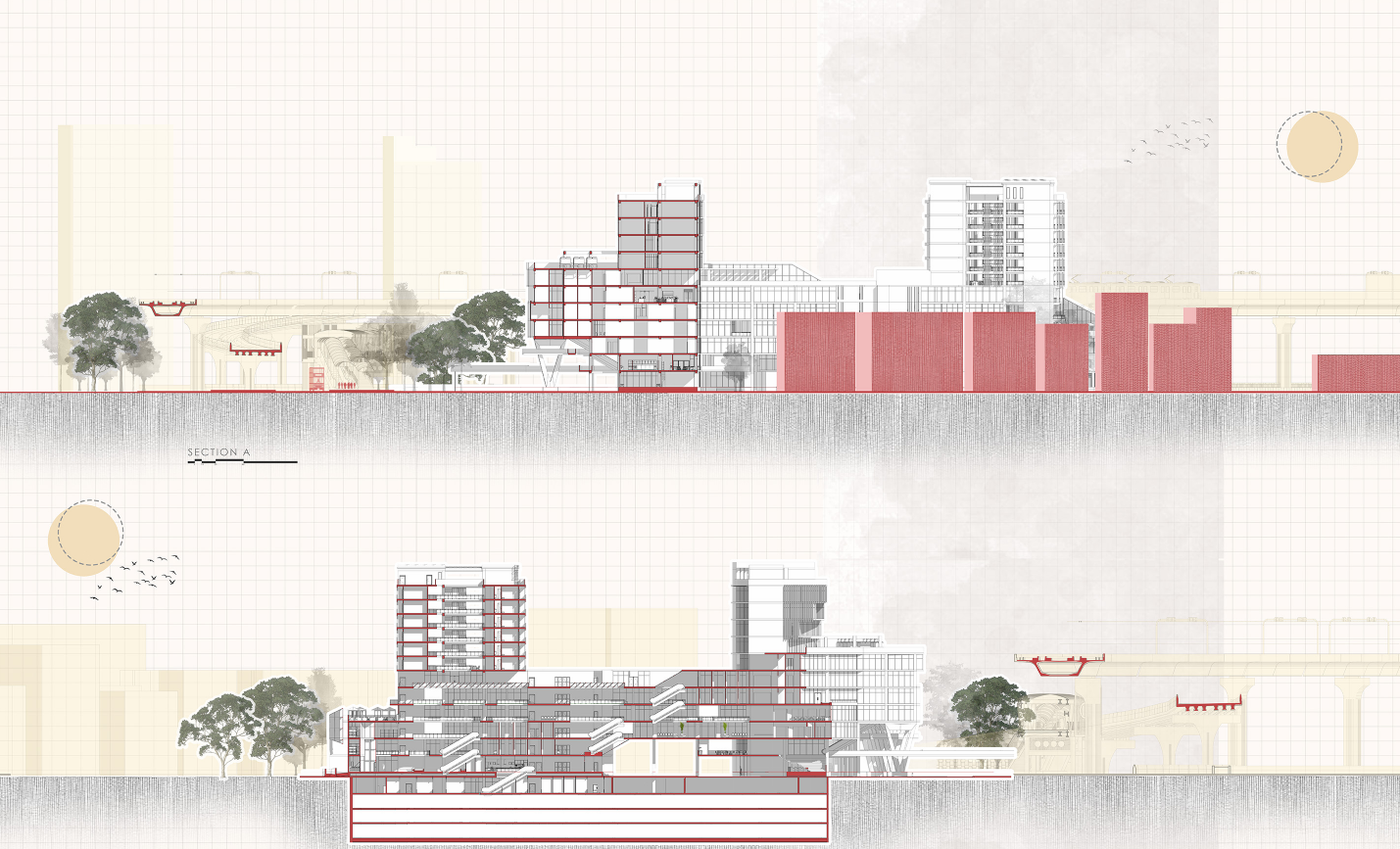 Detailed sectional drawings reveal Farmview’s spatial layering, light-filled atriums, and vertical public spaces within its urban context.