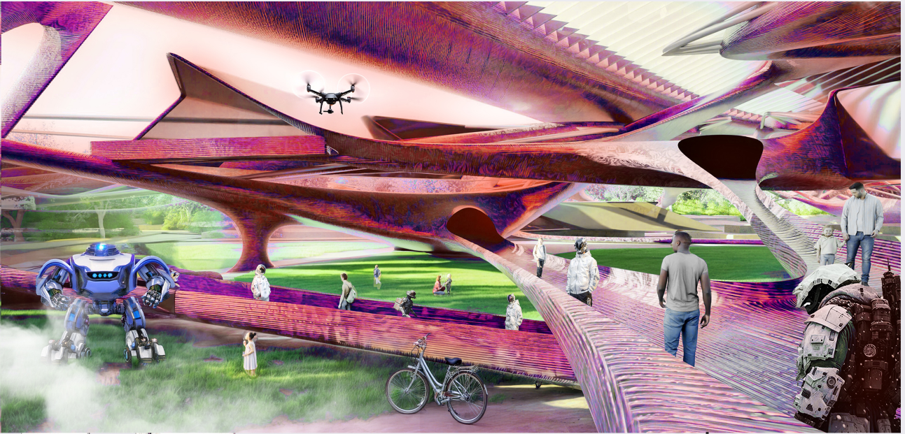 Within the structure, layered walkways and open green courts foster interaction, symbolizing Harlem’s rebirth through adaptive and regenerative urban design.