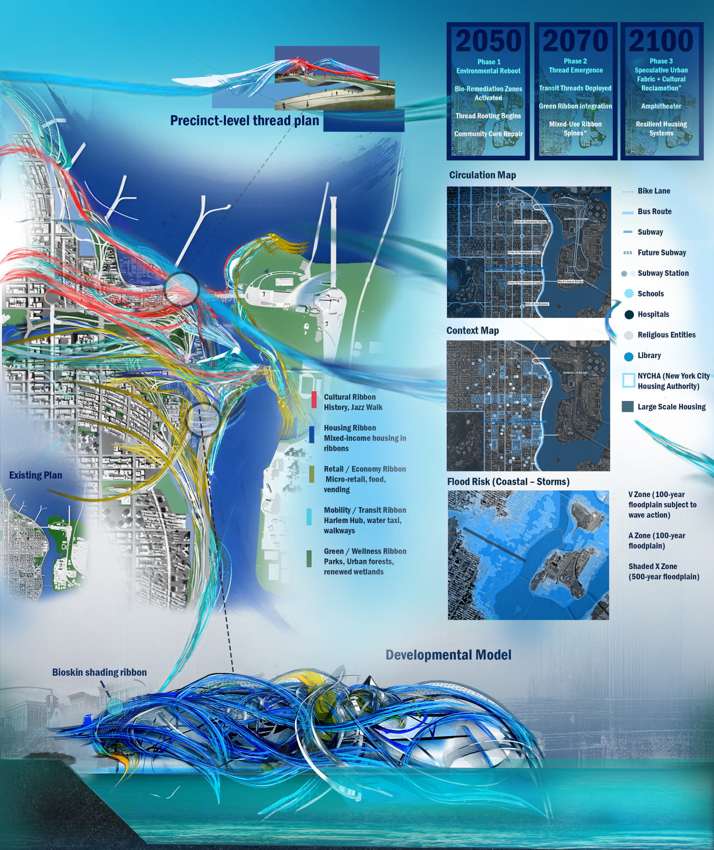 Interlaced cultural, housing, and wellness ribbons redefine Harlem’s urban fabric, integrating AI infrastructure and flood-resilient systems.