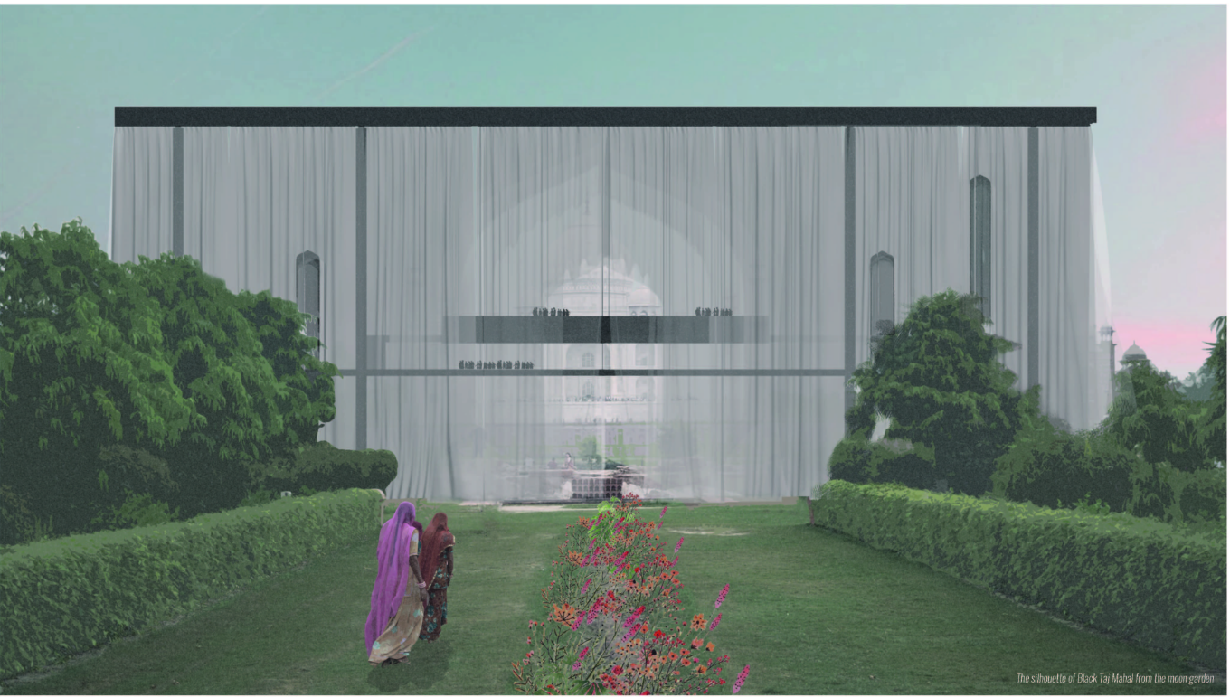The veil-like façade filters views of the Taj Mahal through translucent curtains.