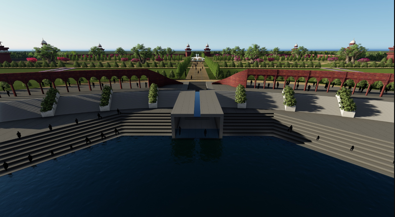 Three-dimensional rendering of terraced water pool with stepped seating and linear channel leading to formal gardens