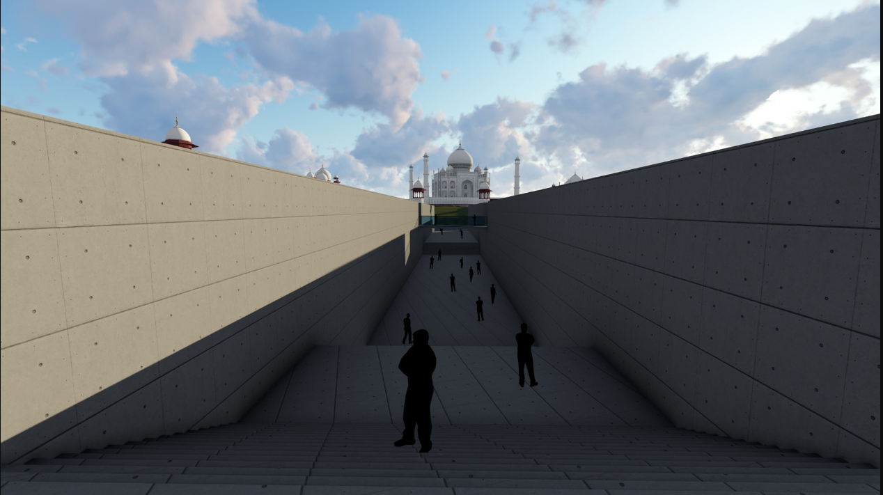 Perspectival view through sloping concrete walls framing distant white-domed monument with visitors walking below cloudy sky