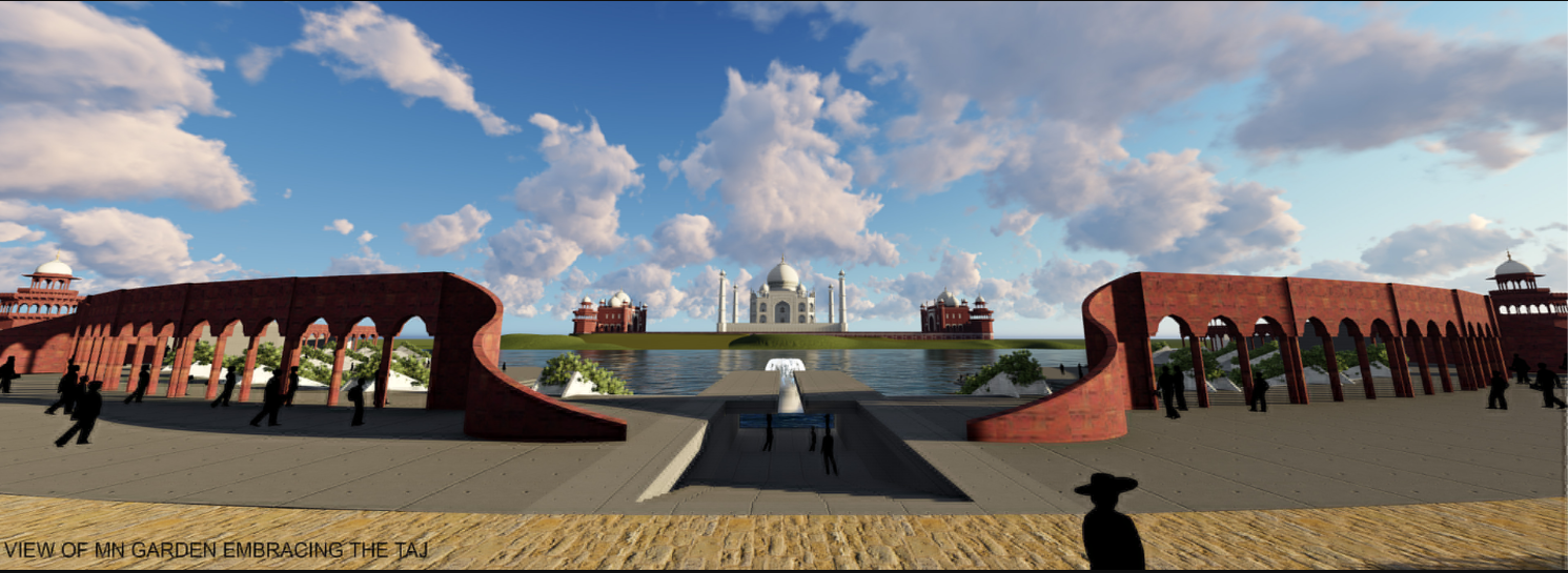 Panoramic rendering of red sandstone arcaded walls flanking central water feature with white monument beyond under blue sky