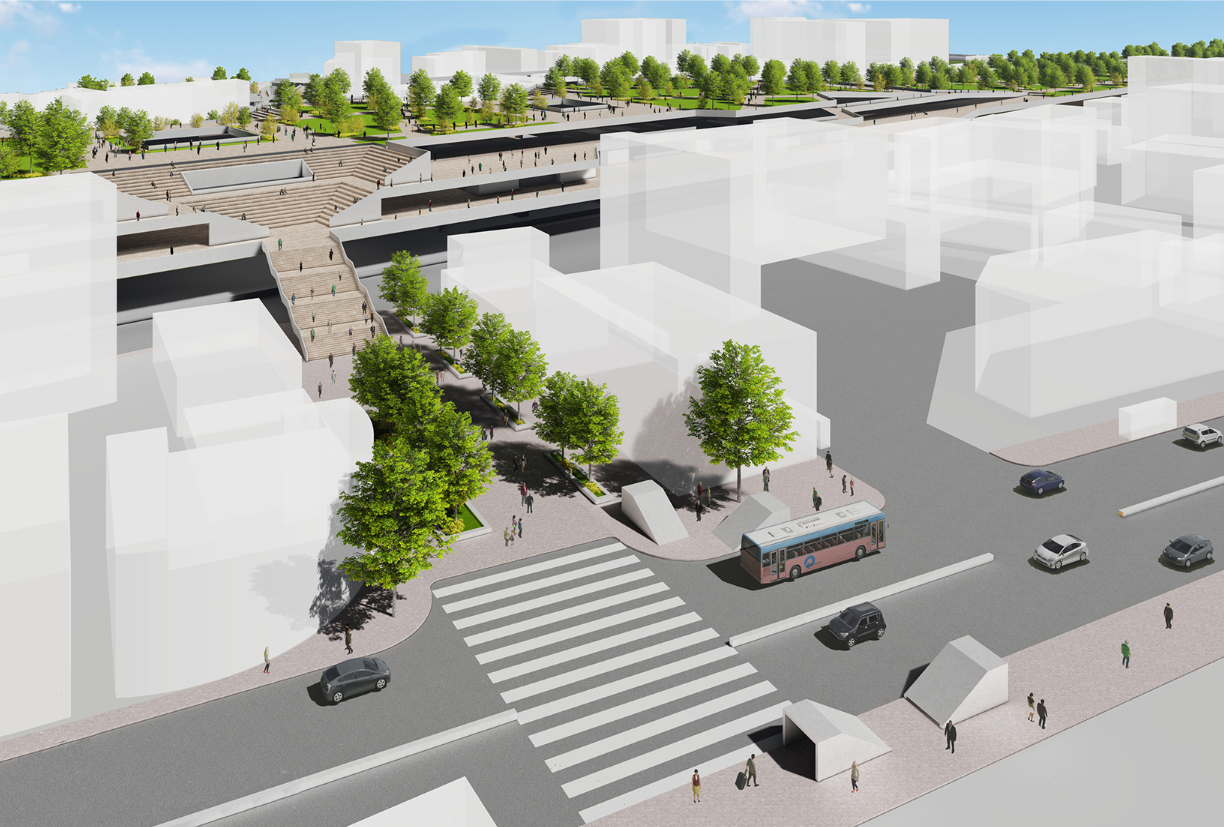 Aerial view of Andheri Station’s elevated plaza integrating transport, landscape, and pedestrian circulation.